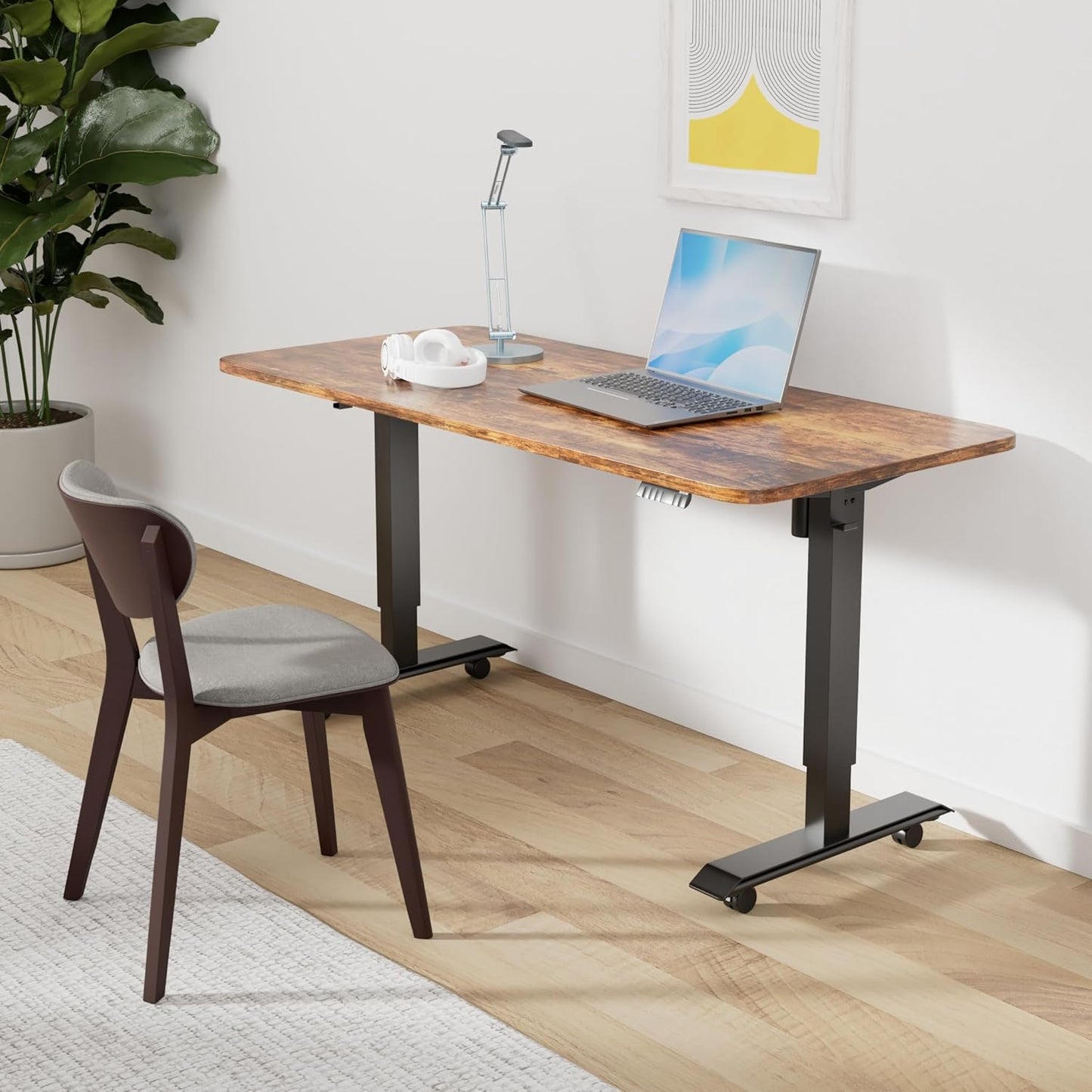 55" Electric Standing Desk,Height Adjustable Home Office Sit Stand up Computer PC Table,Tall Standup Workstation, Gaming, Writing, Study,Bedroom Rising Desks with Two-Piece Desktop,Brown